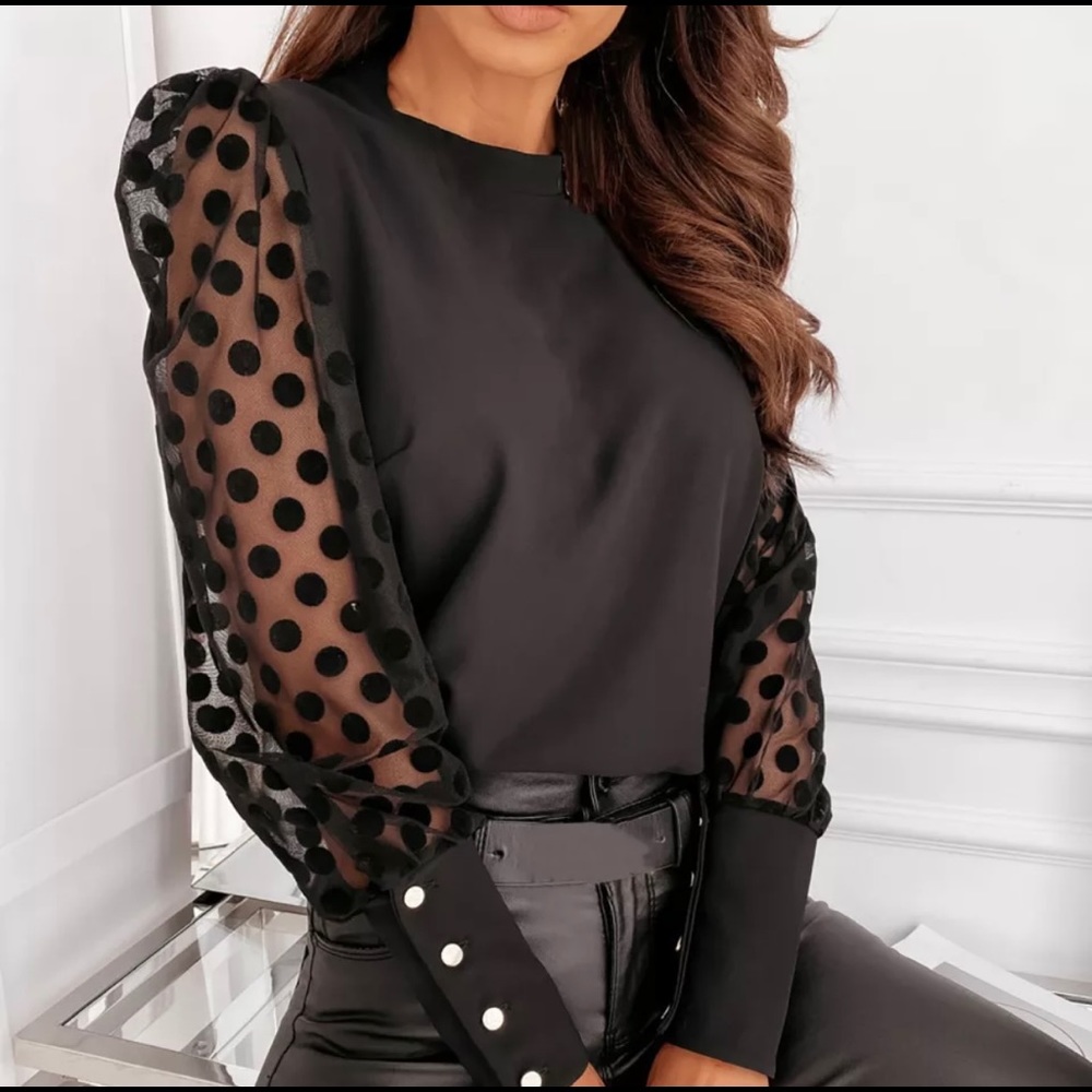 Black polka dot sheer long sleeve blouse